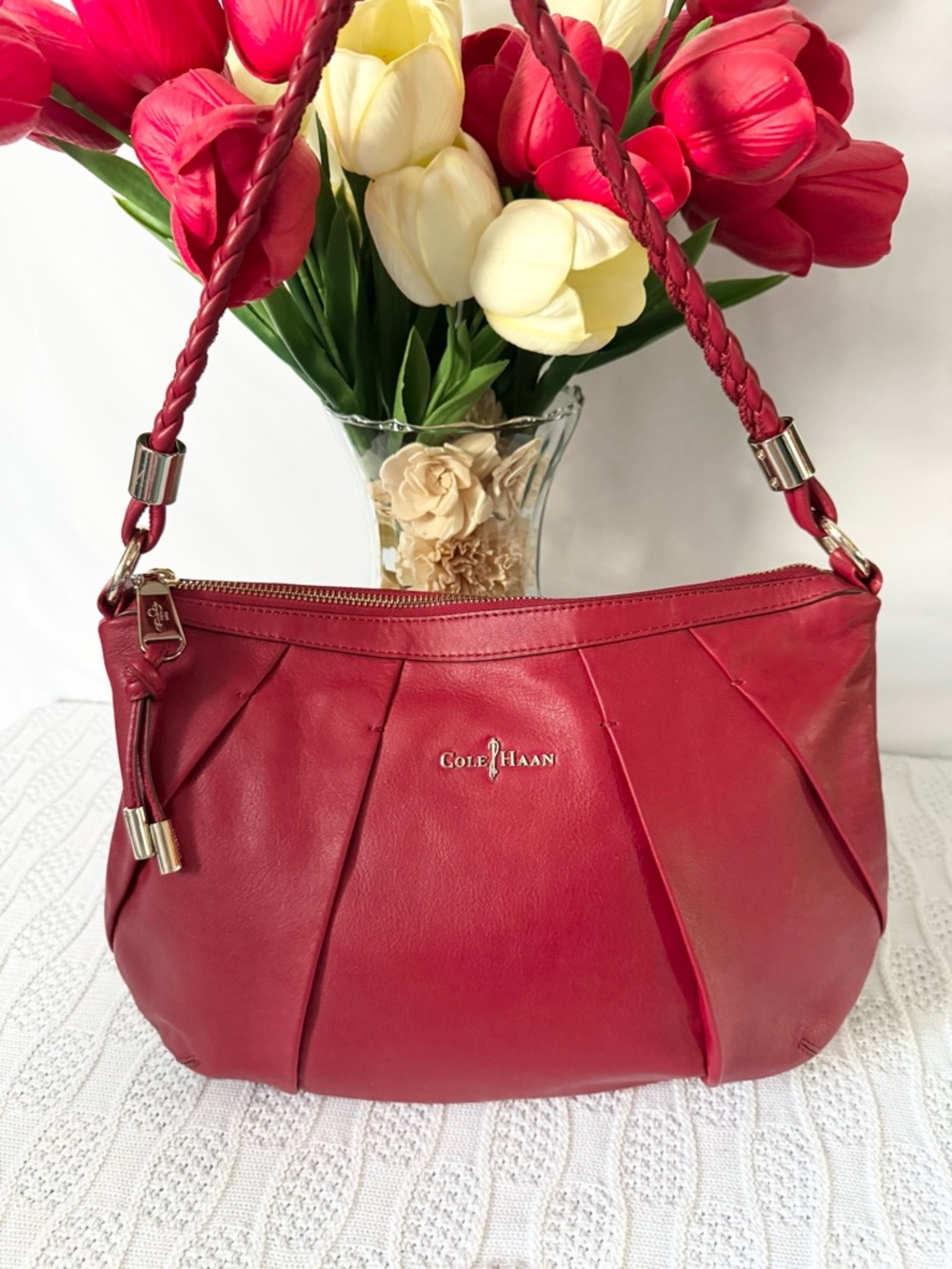 Red Hobo Authentic Cole Haan Pleated Leather Handbag with Braided Strap NWOT